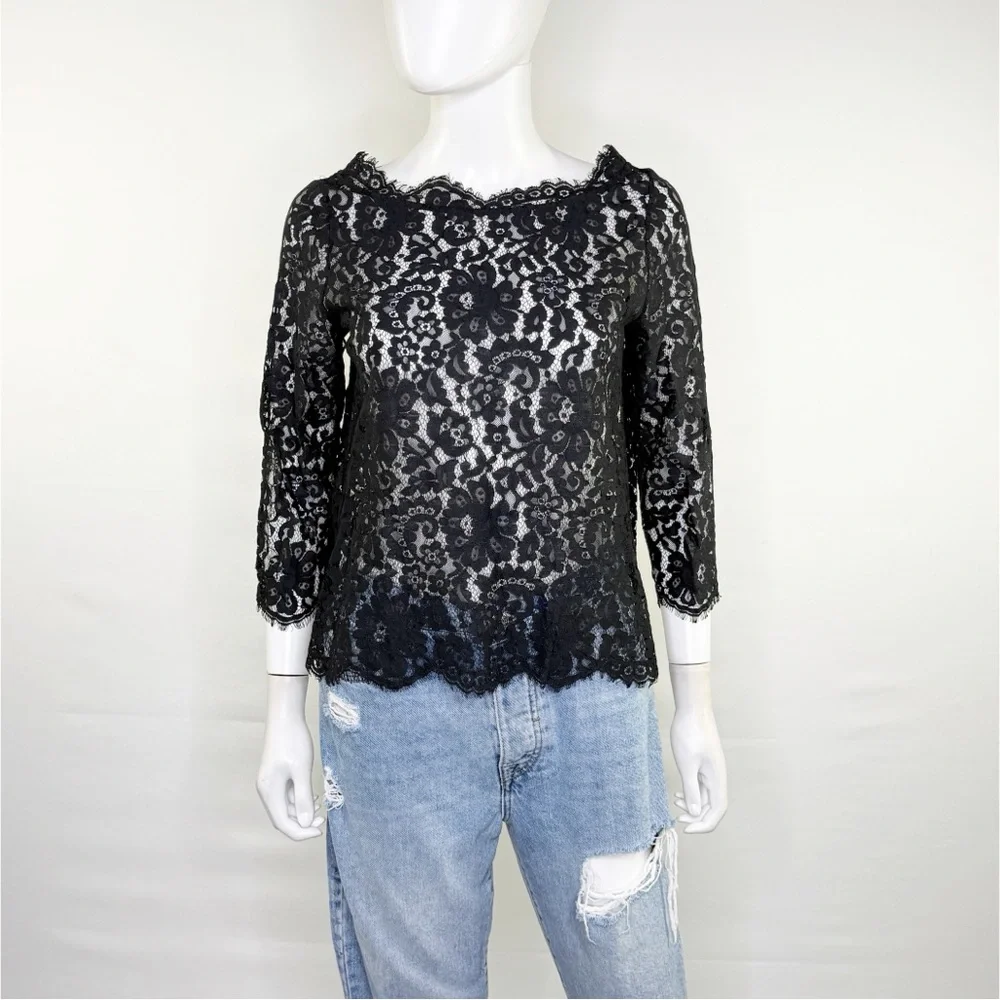 Joie Black Lace Sheer Blouse Top Size S Cocktail Party Whimsigoth Scalloped Hem - Picture 2 of 8